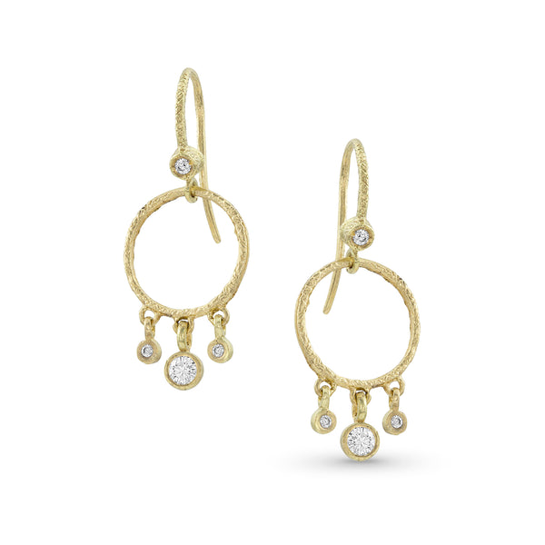 our popular diamond fringe, textured round dangle earrings<br>in white diamonds and 18k yellow gold <span class='visuallyhidden'>Call or text 323-404-2959 if you need shopping assistance.</span>